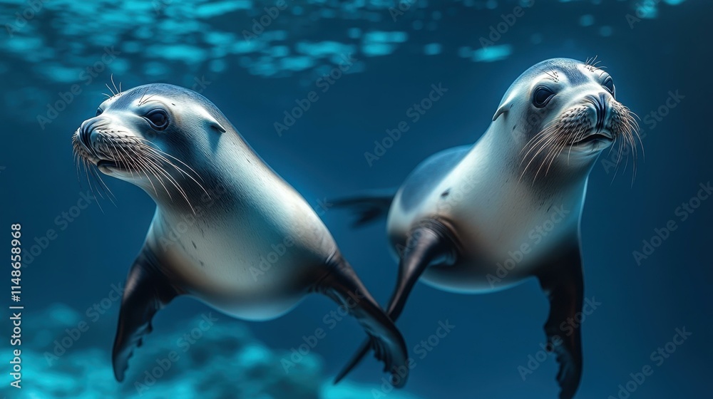 Playful underwater world curious sea lions Playful underwater world curious sea lions