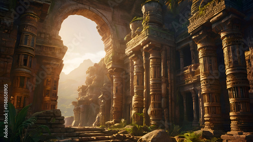 Obraz na płótnie Opulent golden ancient Temple of lost Lemuria civilization bathed in golden light. culture concept. Ai generated w salonie
