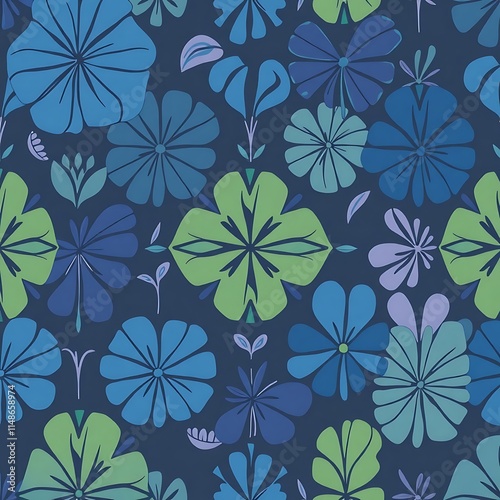 Blue Floral Pattern: A captivating seamless pattern featuring stylized blue flowers and leaves on a deep navy background, perfect for textile, wallpaper, and decorative projects.