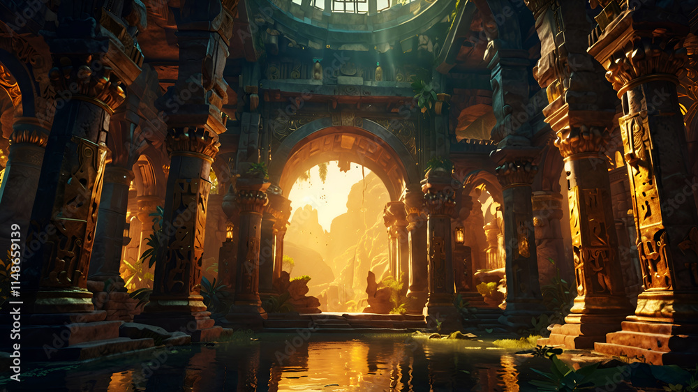 Ruins of Opulent ancient Temple of lost Lemuria civilization bathed in golden sun light. culture concept. Ai generated