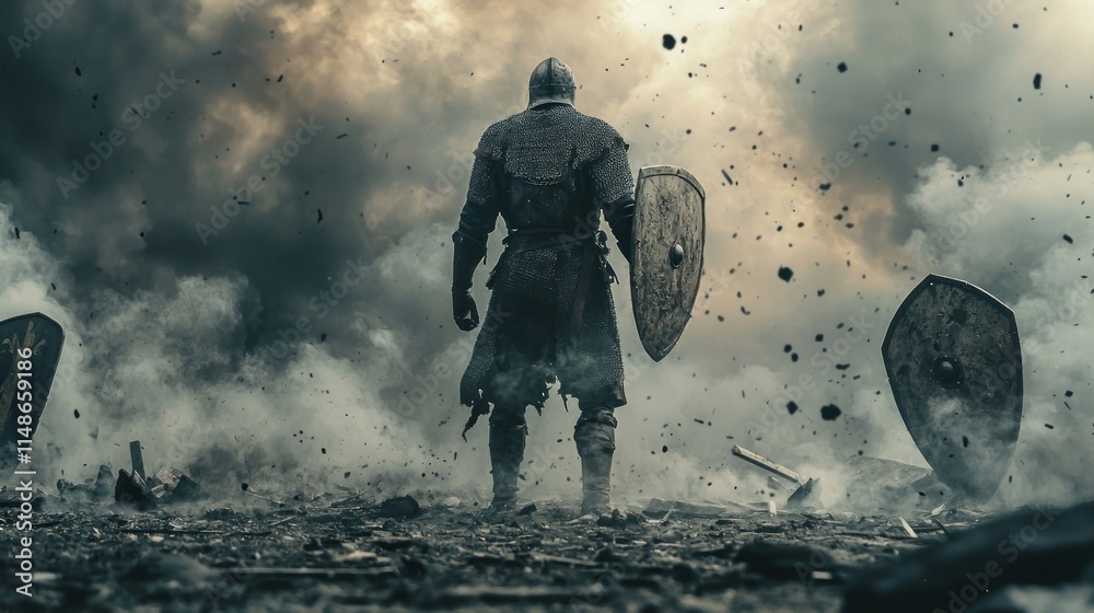 Fototapeta premium Lone Knight After Battle: A Medieval Warrior Stands Defiant Amidst the Ruins of War