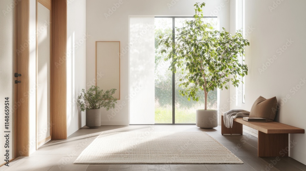 Modern minimalist entryway with clean, functional design. Featuring neutral tones and sleek furnishings Modern minimalist entryway with clean, functional design. Featuring neutral tones and sleek furnishings