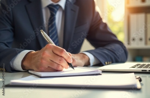 person writing on notebook while working at workplace in office, business learning concept