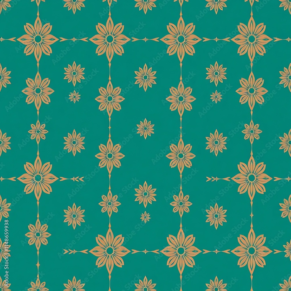Teal and Gold Floral Pattern: Elegant seamless design featuring a repeating pattern of stylized flowers in gold on a teal background. Perfect for textile design, wallpapers, and surface patterns. Teal and Gold Floral Pattern: Elegant seamless design featuring a repeating pattern of stylized flowers in gold on a teal background. Perfect for textile design, wallpapers, and surface patterns.