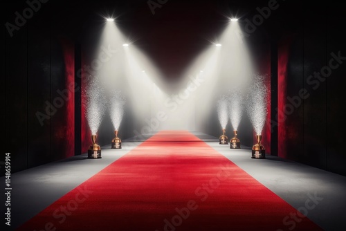 Empty red carpet walkway spotlights highlight glamorous event. Award trophies at end of carpet pathway. Movie premiere banners line walls. Event looks like movie premiere similar entertainment photo