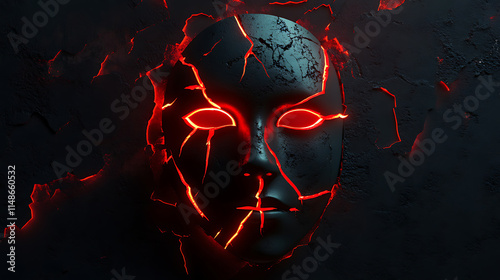 Mysterious cracked mask with glowing red eyes abstract art dark environment close-up emotion conveyed