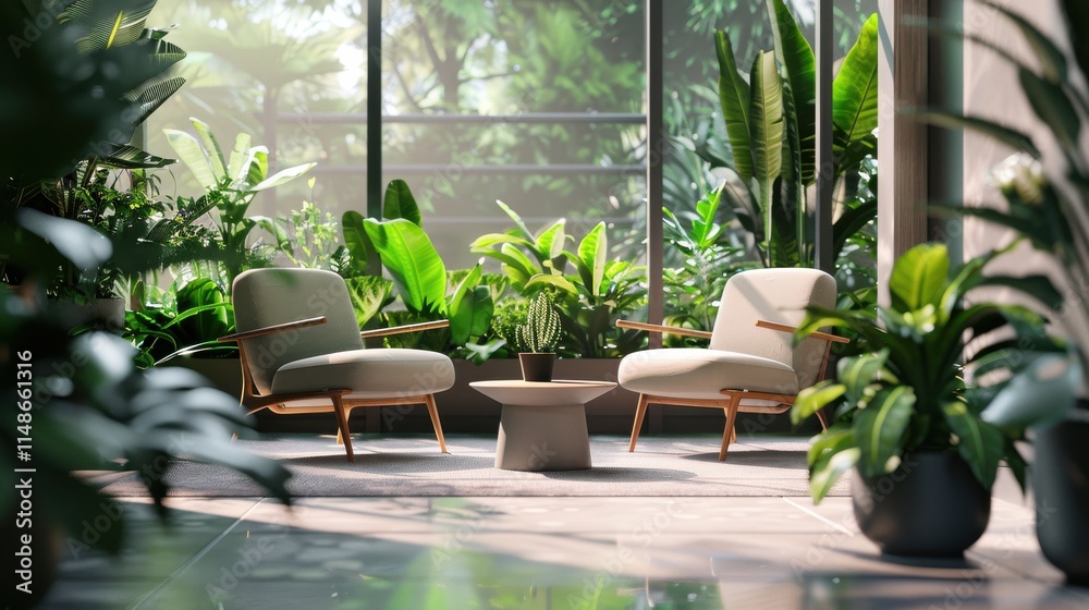 Lush indoor oasis with modern seating creating a tranquil retreat for relaxation and reflection among vibrant greenery Lush indoor oasis with modern seating creating a tranquil retreat for relaxation and reflection among vibrant greenery