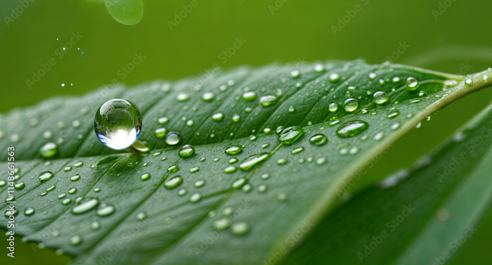 A single water droplet balances on a vibrant green leaf, surrounded by smaller droplets. The freshness of the leaf highlights the beauty of nature and recent rain A single water droplet balances on a vibrant green leaf, surrounded by smaller droplets. The freshness of the leaf highlights the beauty of nature and recent rain
