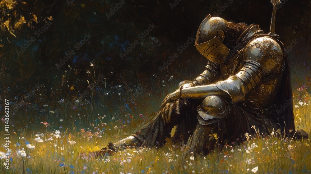 Knight in Golden Armor Rests Among Wildflowers Knight in Golden Armor Rests Among Wildflowers
