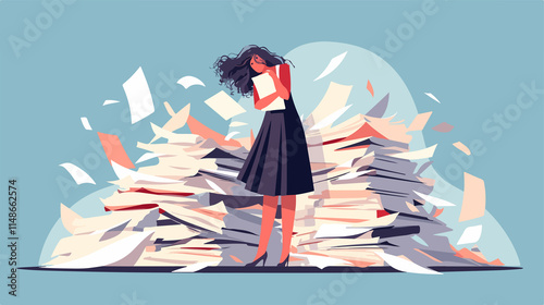 Stressed Businesswoman Overwhelmed by Documents in Office