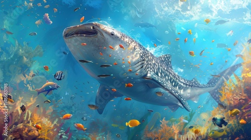 Whale shark gliding gracefully through vibrant coral reef teeming with colorful fish