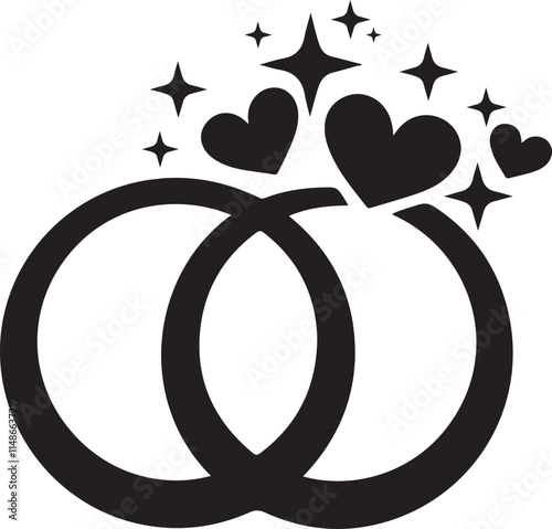 A vector silhouette of two intertwined rings with small hearts and sparkles surrounding, Valentine's Day Theme, rings for valentine's