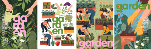 Garden, horticulture and vegetable gardening. Vector illustration of gardener hands with watering can, people work on beds for poster, background or cover