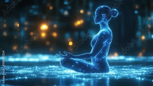 Hologram Meditation. Futuristic blue hologram woman meditating digital
