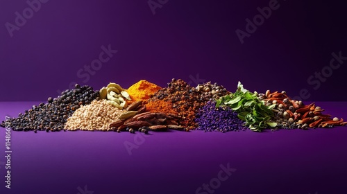 Array of exotic spices in vibrant colors displayed on a deep purple background photo