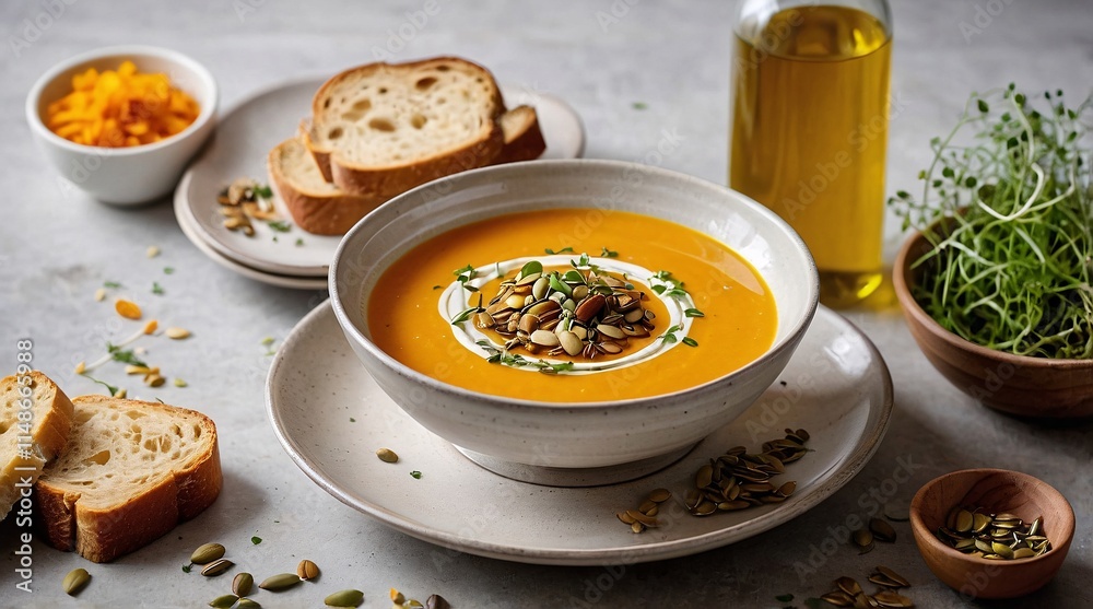Delightful silky pumpkin soup garnished with seeds and herbs, served alongside crusty bread and a drizzle of olive oil for a cozy autumn dining experience Delightful silky pumpkin soup garnished with seeds and herbs, served alongside crusty bread and a drizzle of olive oil for a cozy autumn dining experience