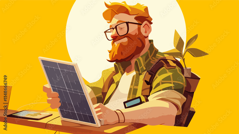 Hipster Man Charging Tablet Computer with Solar Panel Hipster Man Charging Tablet Computer with Solar Panel
