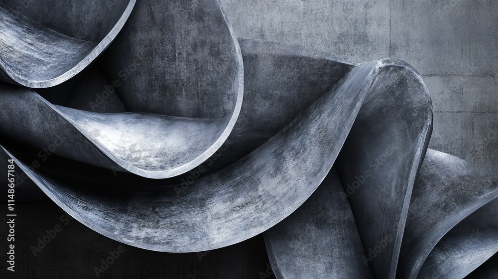 Abstract design featuring curved metallic forms and textured surfaces. Abstract design featuring curved metallic forms and textured surfaces.