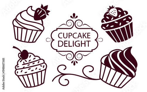 Elegant cupcake-themed logo featuring four intricately designed cupcakes surrounding the text 'Cupcake Delight' in a decorative frame. Ideal for bakery branding and confectionery businesses.