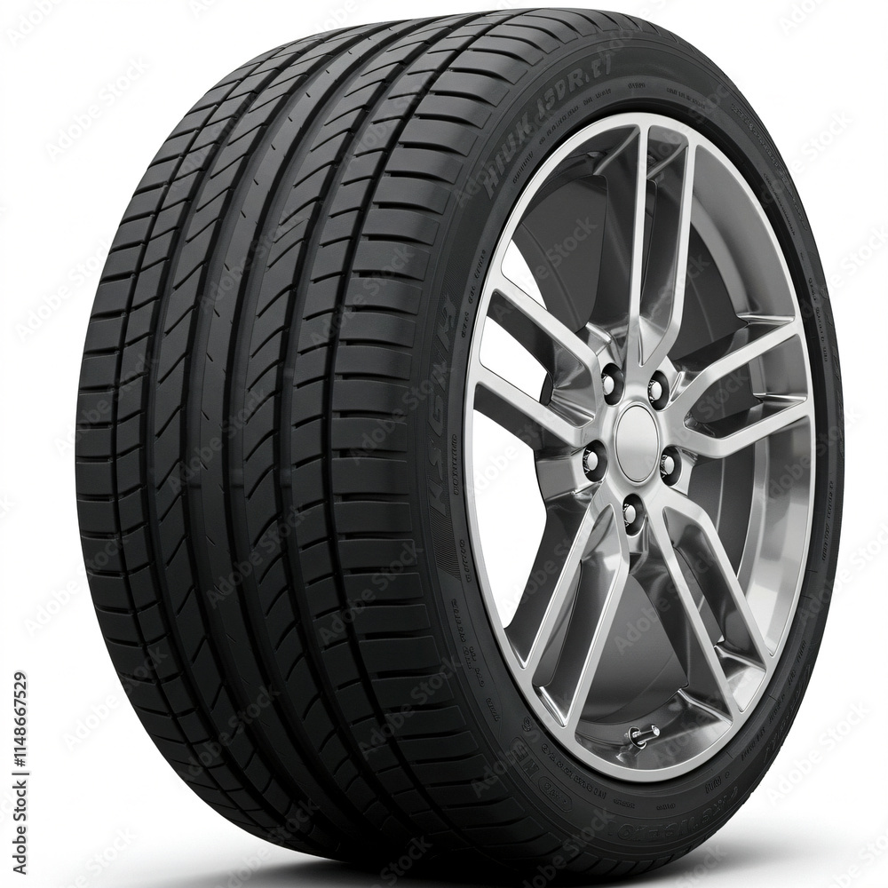 Car tire with alloy wheel featuring a multi-spoke design. Car tire with alloy wheel featuring a multi-spoke design.