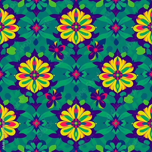 Vibrant Floral Tile Pattern: A seamless pattern of vibrant, stylized flowers in shades of yellow, red, green, and purple against a rich turquoise background. The intricate.