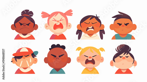 Diverse Kids Expressing Anger: Caucasian, African, and Asian Children Portrait Collection