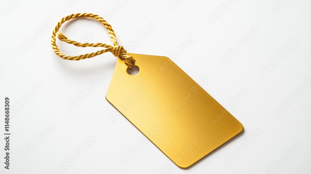 Fototapeta premium Golden metal tag with string on white background for labeling