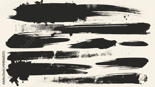 Ink Black Art Brushes Vector Set. Dirty Grunge Painted