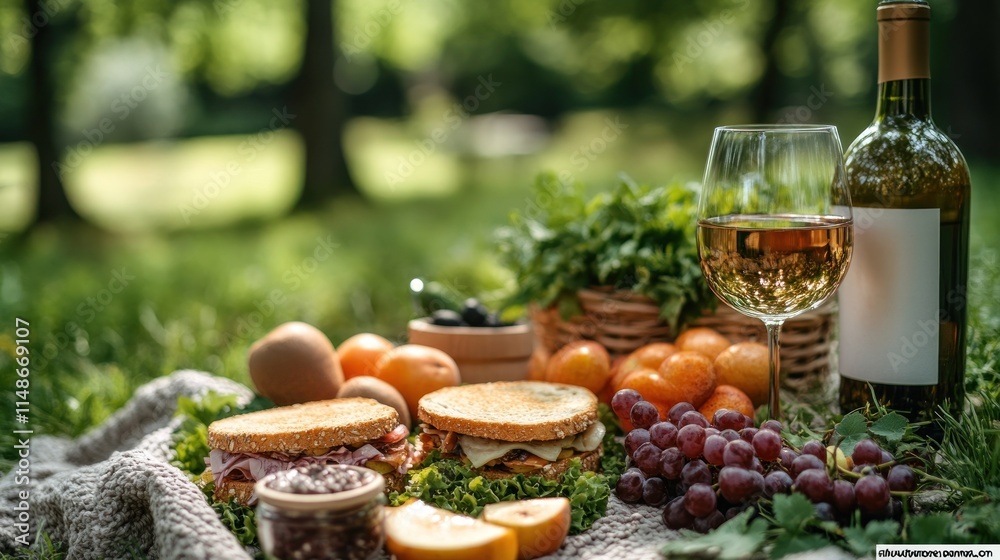 A picnic scene featuring sandwiches, fruit, wine, and greenery in a sunny park. A picnic scene featuring sandwiches, fruit, wine, and greenery in a sunny park.