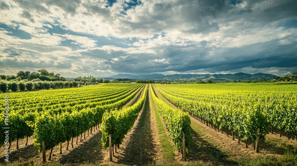 Naklejka premium Lush vineyard rows under a dramatic sky.
