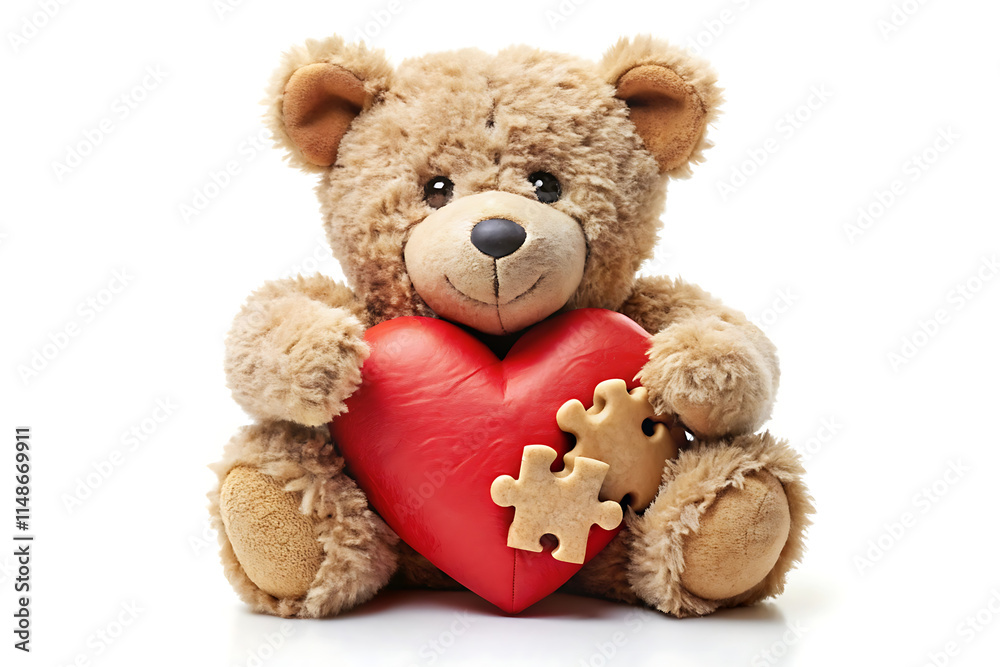 Lovable Teddy Bear Featuring a Heart of Puzzle Pieces On White Background Lovable Teddy Bear Featuring a Heart of Puzzle Pieces On White Background