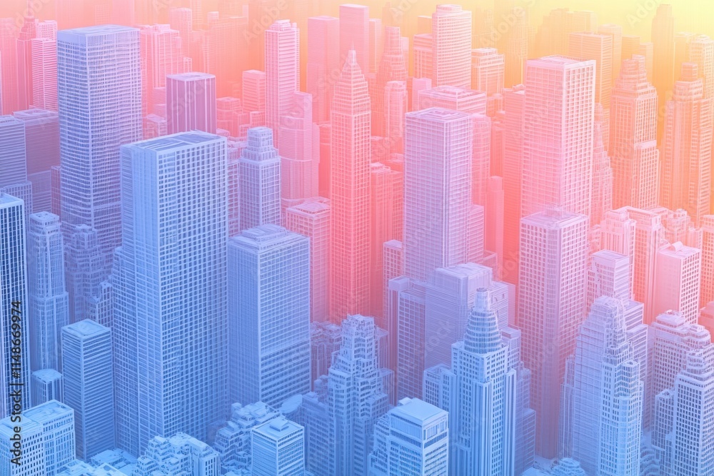 Aerial View of City Skyscrapers Bathed in Vibrant Pink and Orange Sunrise Light with a Dynamic Urban Landscape and Modern Architectural Designs Aerial View of City Skyscrapers Bathed in Vibrant Pink and Orange Sunrise Light with a Dynamic Urban Landscape and Modern Architectural Designs