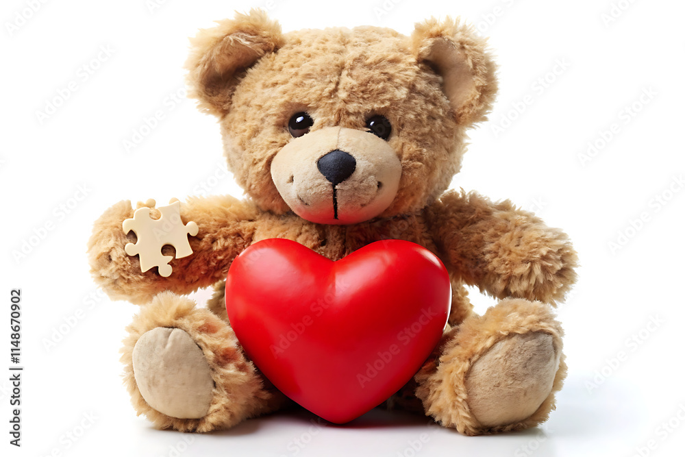 Obraz premium Charming Teddy Bear Holding a Unique Puzzle Heart On White Background