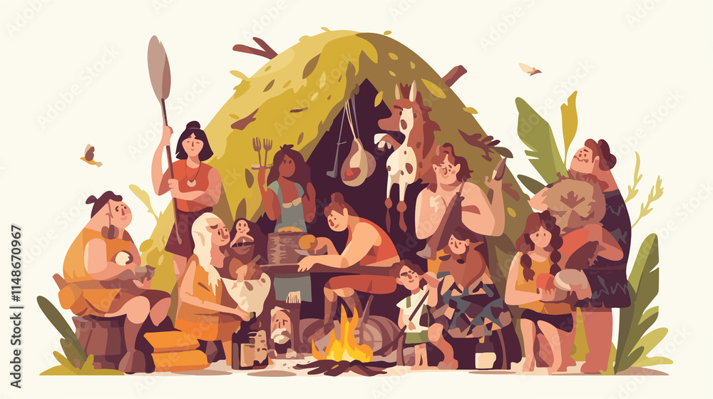 Naklejka premium Stone Age Family with Fireplace, Food, and Home Vector Illustration
