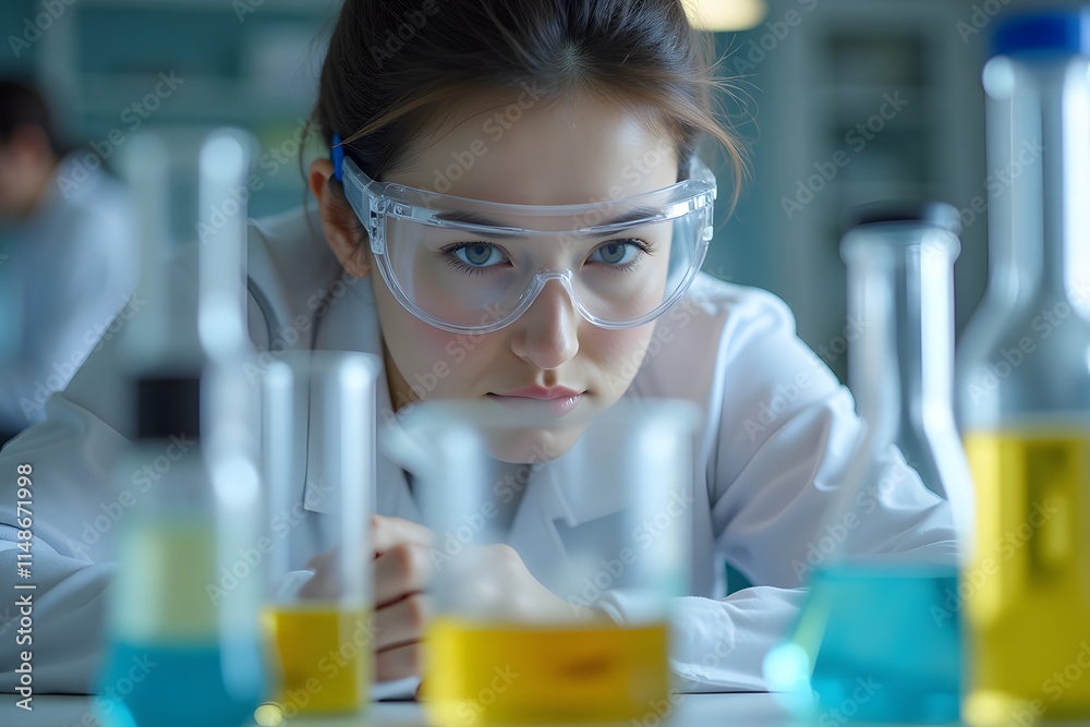 Focused asian young adult female scientist conducting laboratory experiments Focused asian young adult female scientist conducting laboratory experiments