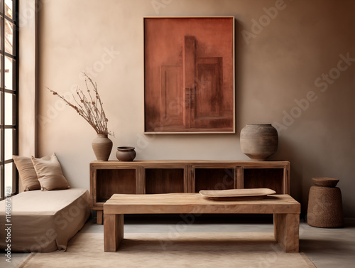 Neutral japandi and wabi sabi style living room with terracotta stucco textured walls, light armchair and rustic statement pottery