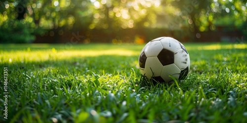 Soccer Ball on Lush Green Grass in a Sunny Garden