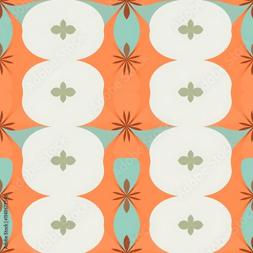 Mid-Century Modern Geometric Pattern: A seamless, vibrant, and stylish pattern featuring abstract shapes in a retro color palette. Perfect for textile, wallpaper, and interior design. 