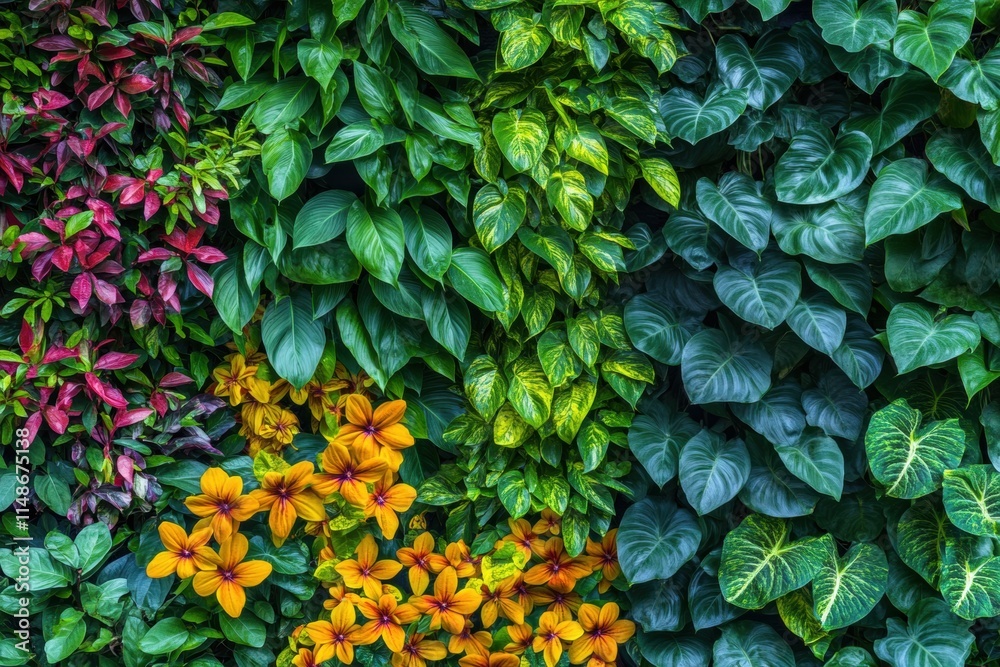 Vibrant Vertical Garden with Lush Green Leaves and Colorful Flowers Showcasing Nature's Beauty in Urban Spaces for Interior and Exterior Design Vibrant Vertical Garden with Lush Green Leaves and Colorful Flowers Showcasing Nature's Beauty in Urban Spaces for Interior and Exterior Design