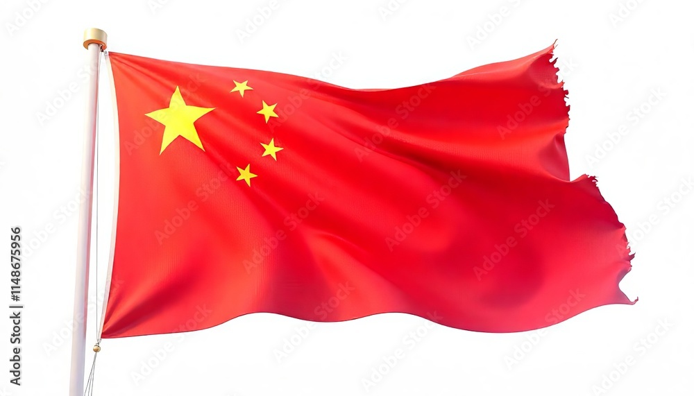 Chinese flag blowing in the wind detailed fabric texture isolated on a white background Chinese flag blowing in the wind detailed fabric texture isolated on a white background