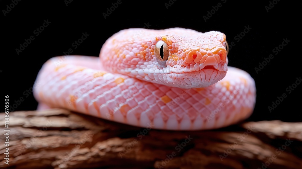 Fototapeta premium Albino pit viper snake with pink and orange scales coiled on a wooden branch against a dark black background.