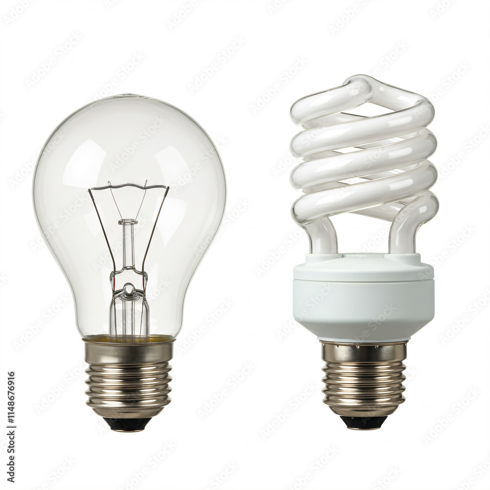 Traditional incandescent bulb and compact fluorescent light bulb side by side.