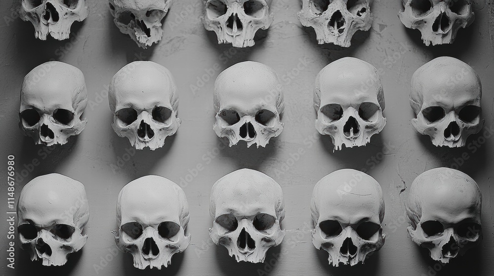 Intricate Arrangement of Human Skulls in a Symmetrical Pattern Showcasing Artistic Display for Medical and Aesthetic Purposes in Monochrome Palette Intricate Arrangement of Human Skulls in a Symmetrical Pattern Showcasing Artistic Display for Medical and Aesthetic Purposes in Monochrome Palette