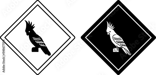 Cockatoo Road Signs. Black and White Vector Icons. Parrot, Bird. Road Sign Warning about Animal Crossing. Zoo Sticker