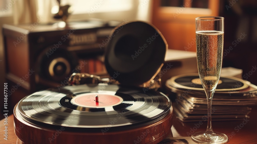 Obraz premium Rotating vinyl record, champagne flute, and stacked records.