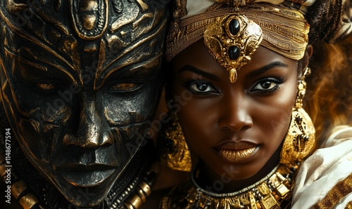 Woman, gold adornments, ancient mask, regal portrait. photo