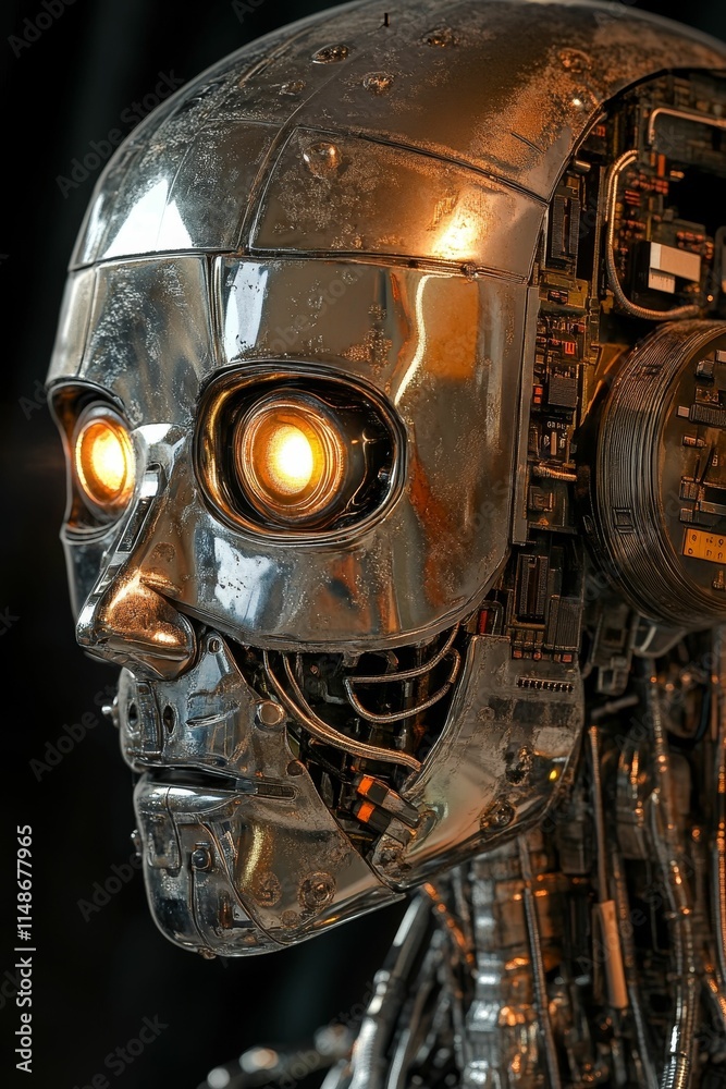 Fototapeta premium Metallic robot head, glowing eyes, exposed wiring.