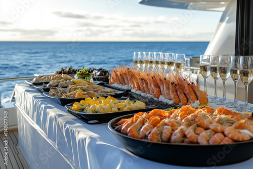 Banquet table at a luxury yacht party with fresh seafood, wine glasses, and ocean views in the background. photo