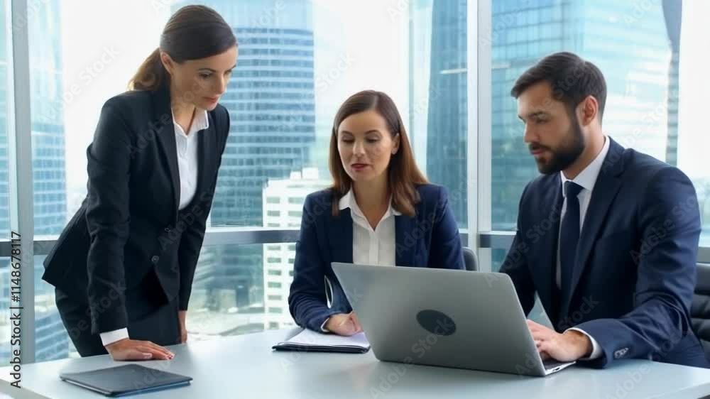 video of Three diverse business people sit together at a table in a modern office, engaged in a discussion while looking at a laptop video of Three diverse business people sit together at a table in a modern office, engaged in a discussion while looking at a laptop