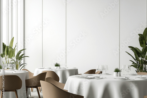 Modern banquet room with minimalist decor, white tablecloths, and stylish dinnerware. photo